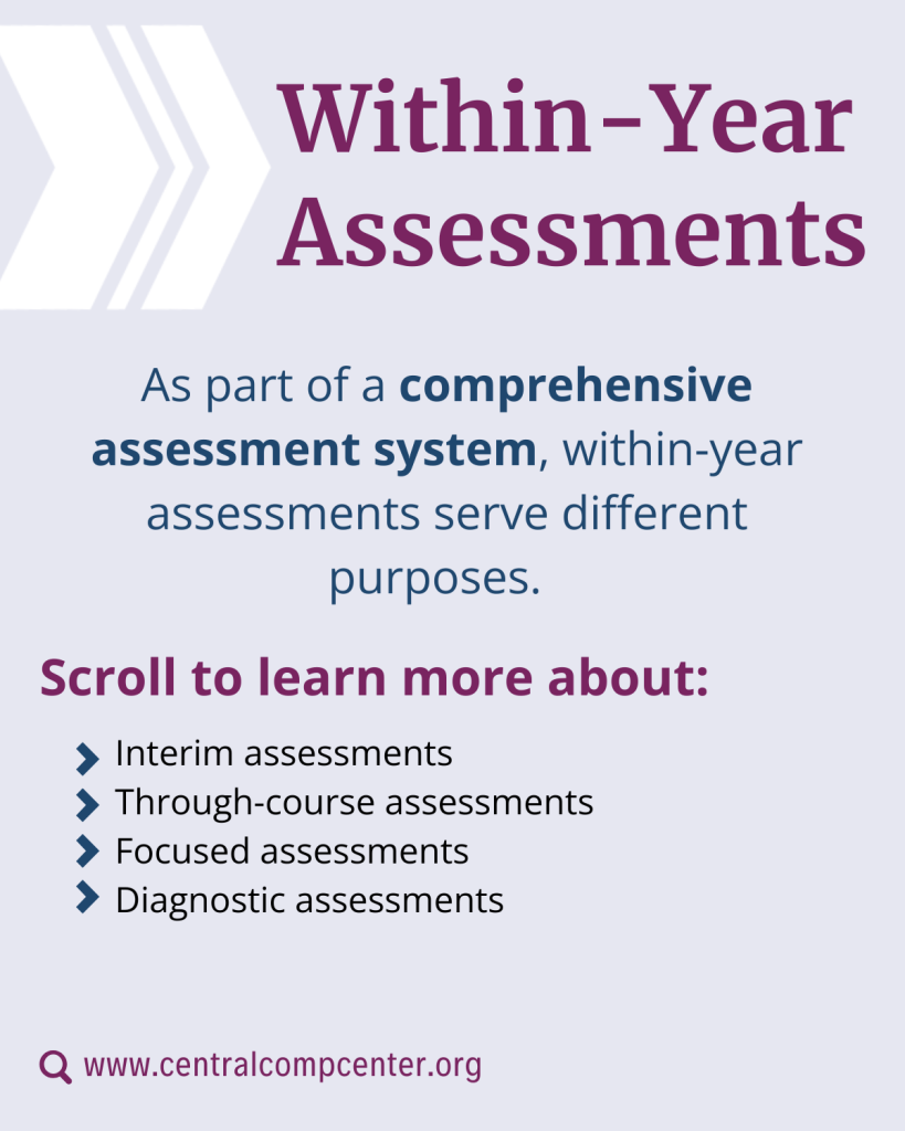 Within-Year
Assessments
As part of a comprehensive
assessment system, within-year
assessments serve different
purposes.
Scroll through to learn about: Interim assessments
Through-course assessments
Focused assessments
Diagnostic assessments
